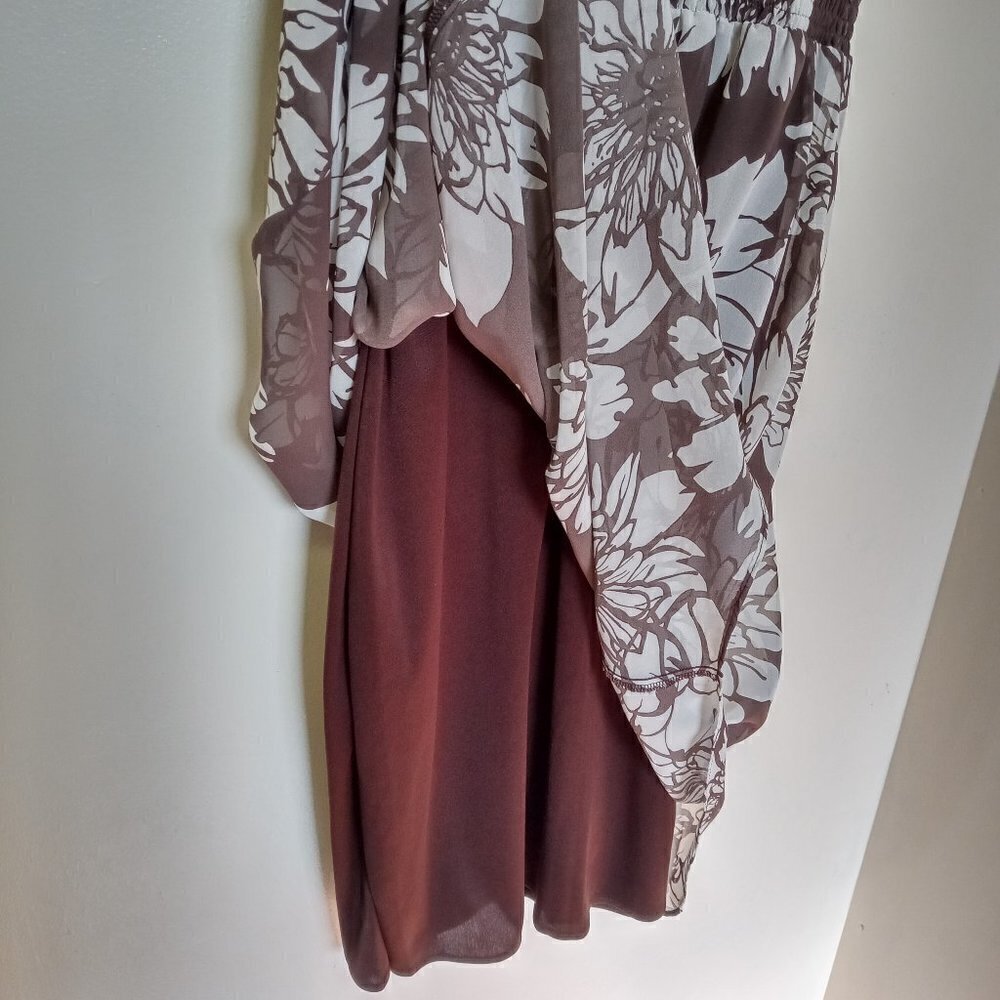 VINTAGE TWYLA BLU BROWN AND WHITE FLORAL SHEER LINED SLEEVELESS DRESS. SIZE 12 - Picture 4 of 6